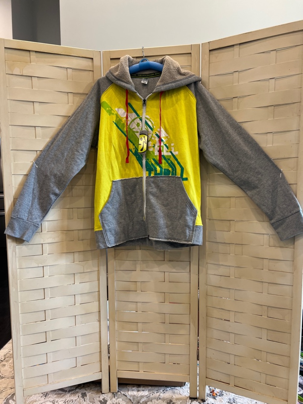 Zumba Fitness Yellow and Gray Graphic Zip Front Hoodie